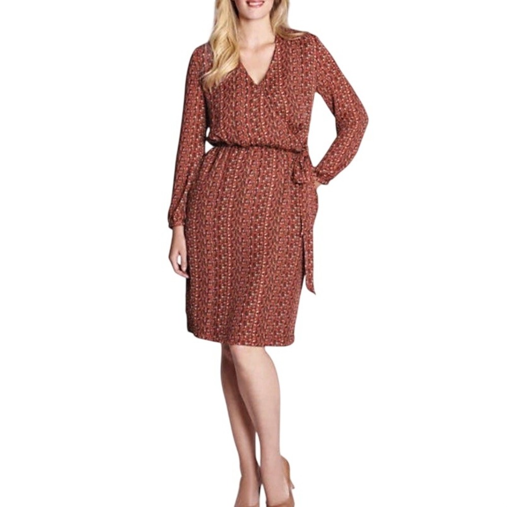 NWT Lands End Paprika Weave Georgette Dress 20W Faux Wrap Red Brown Geometric